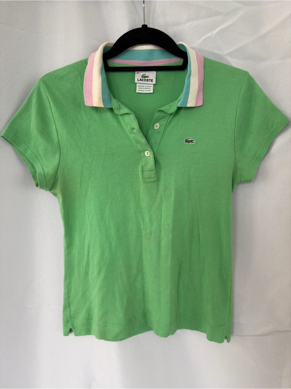 Vintage 2000s Lacoste Women's Pastel Green Cotton Polo Shirt Stripe Collar EU 40